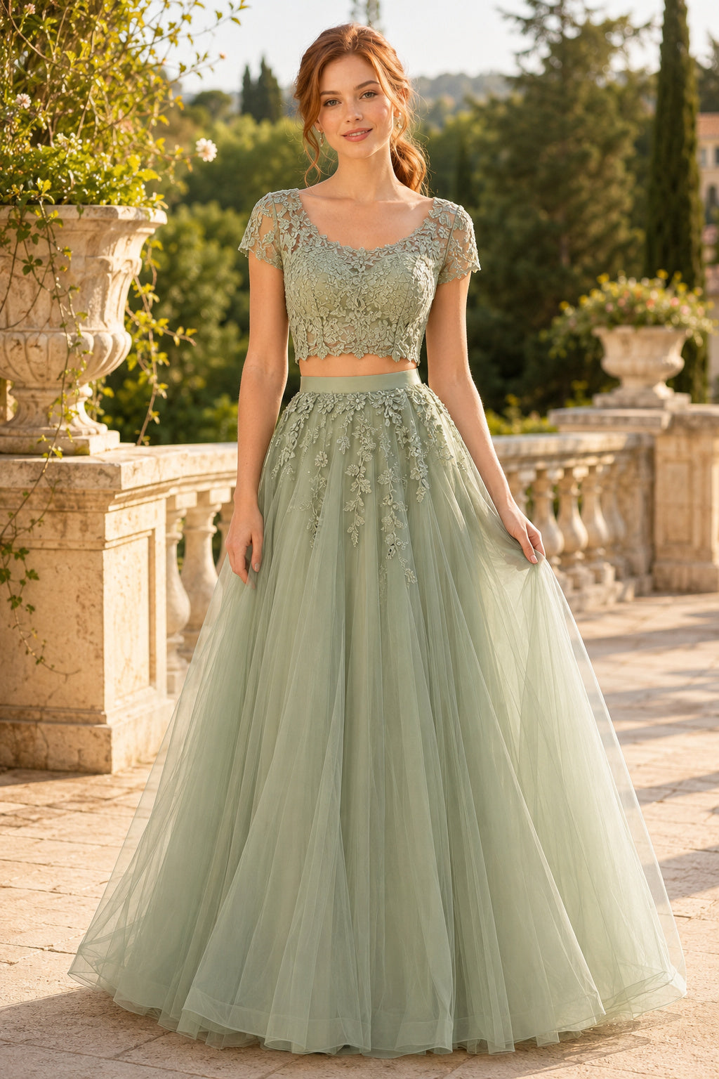 Sage Two Piece Lace Crop Top Tulle A-Line Formal Dress with Short Sleeves front view
