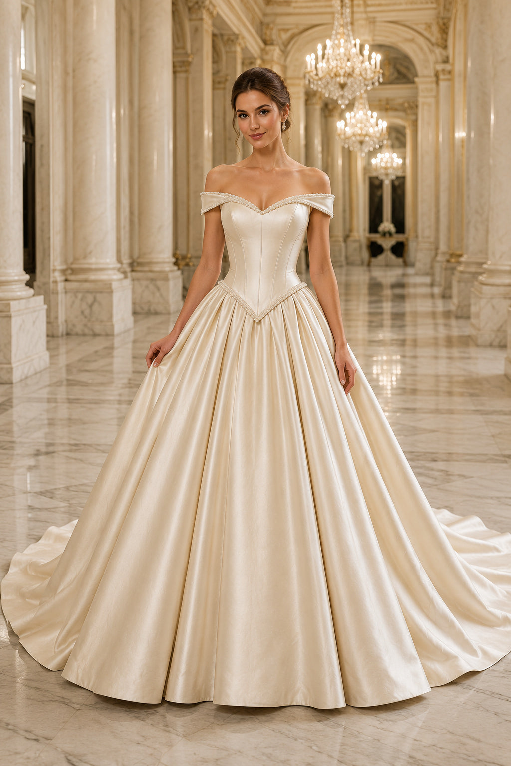 Off Shoulder Satin Ball Gown Wedding Dress with Draped Corset front view