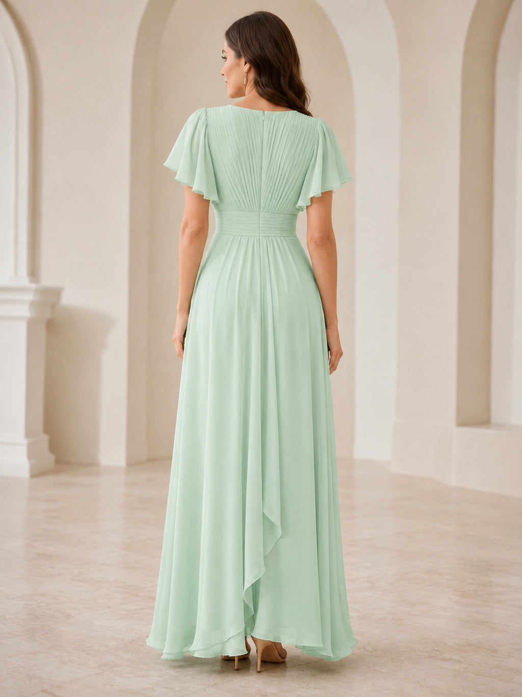 Mint green V neck flutter sleeve chiffon floor length dress back view
