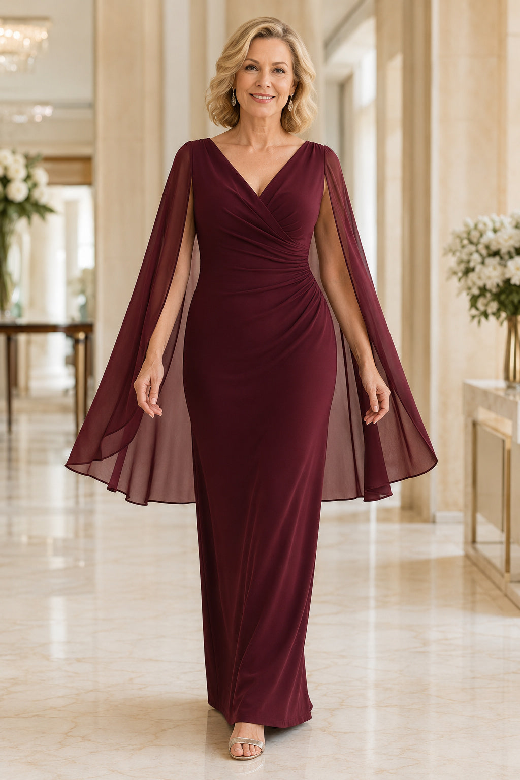 Burgundy V-Neck Sheath Mother Dress with Flowing Cape Sleeves and Ruching front view