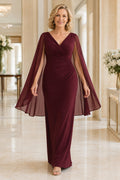 Burgundy V-Neck Sheath Mother Dress with Flowing Cape Sleeves and Ruching front view
