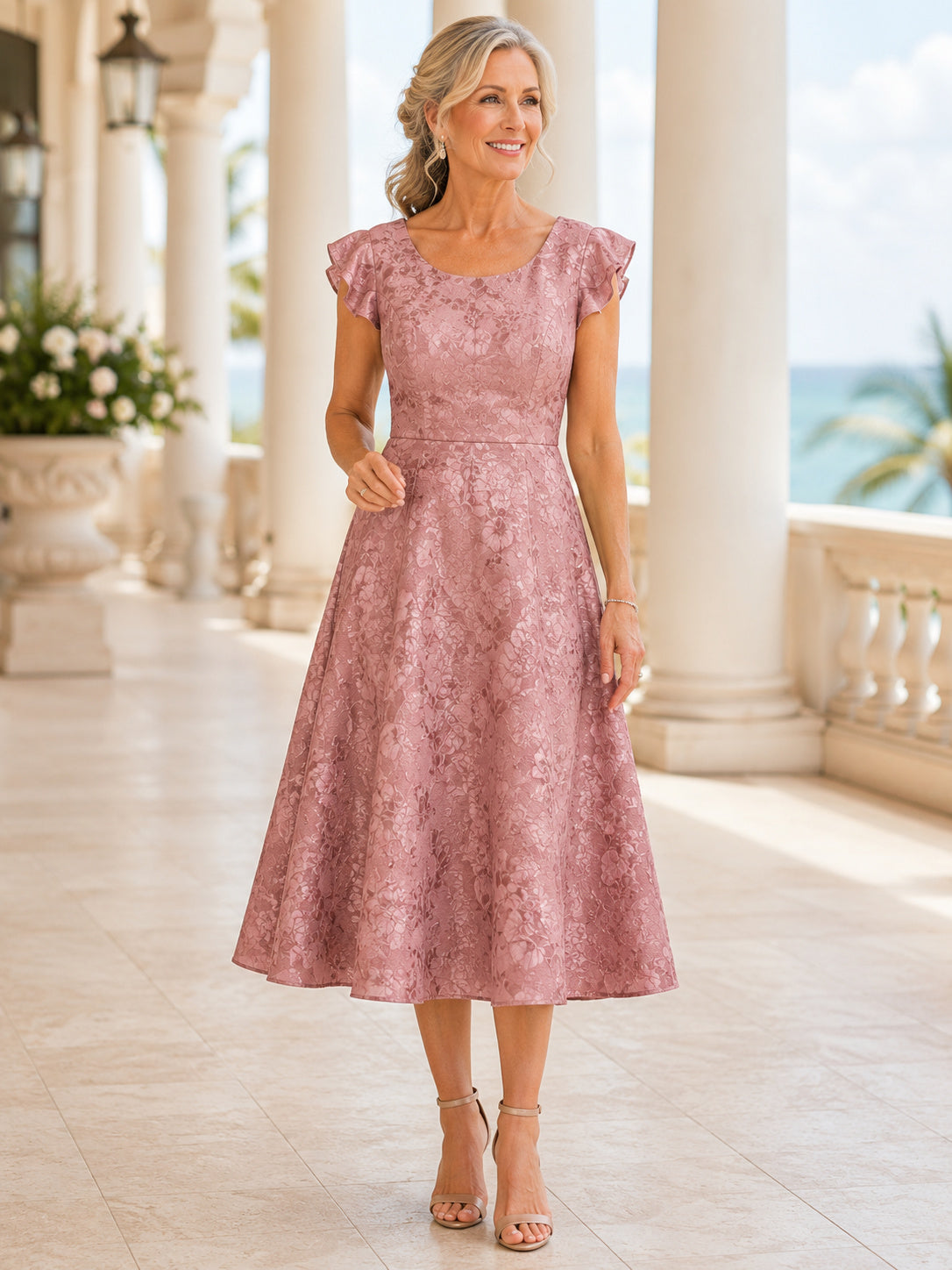 Dusty Rose Romantic Tea-Length A-Line Mother of the Bride Jacquard Dress with Scoop Neck and Flutter Cap Sleeves front view