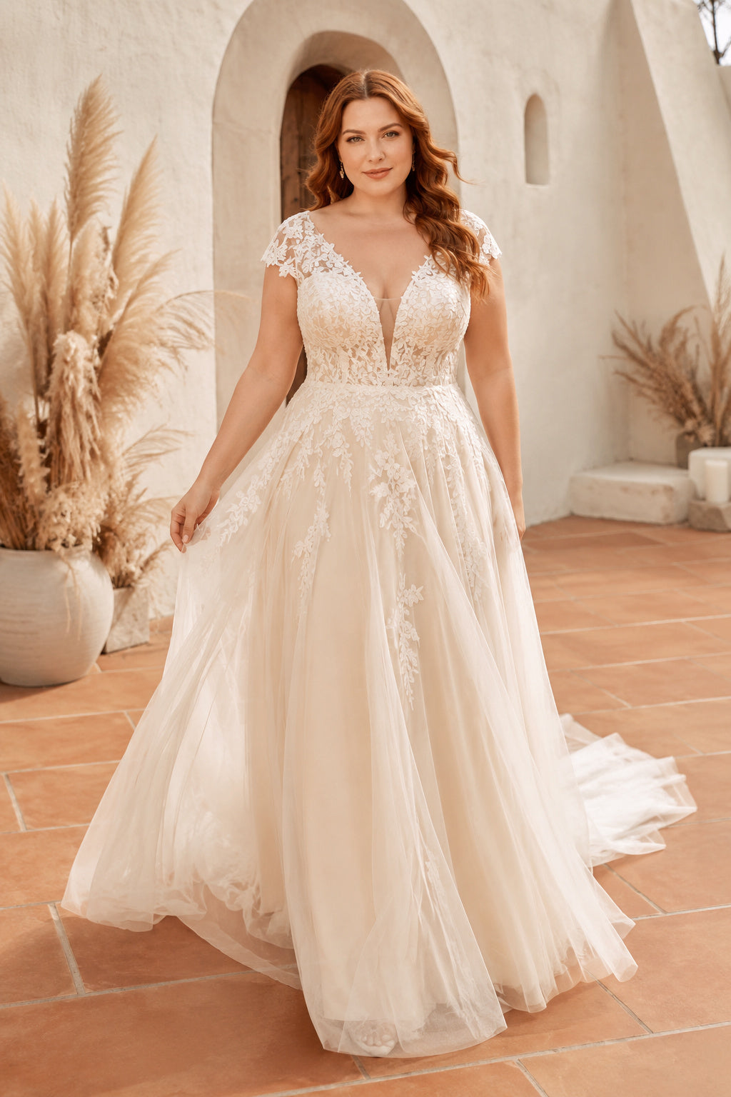 Plus Size Cap Sleeve V-Neck Tulle A-Line Wedding Dress with Lace Applique front view
