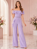 Lavender Off Shoulder Ruffle Wide Leg Side Drape Formal Jumpsuit front view