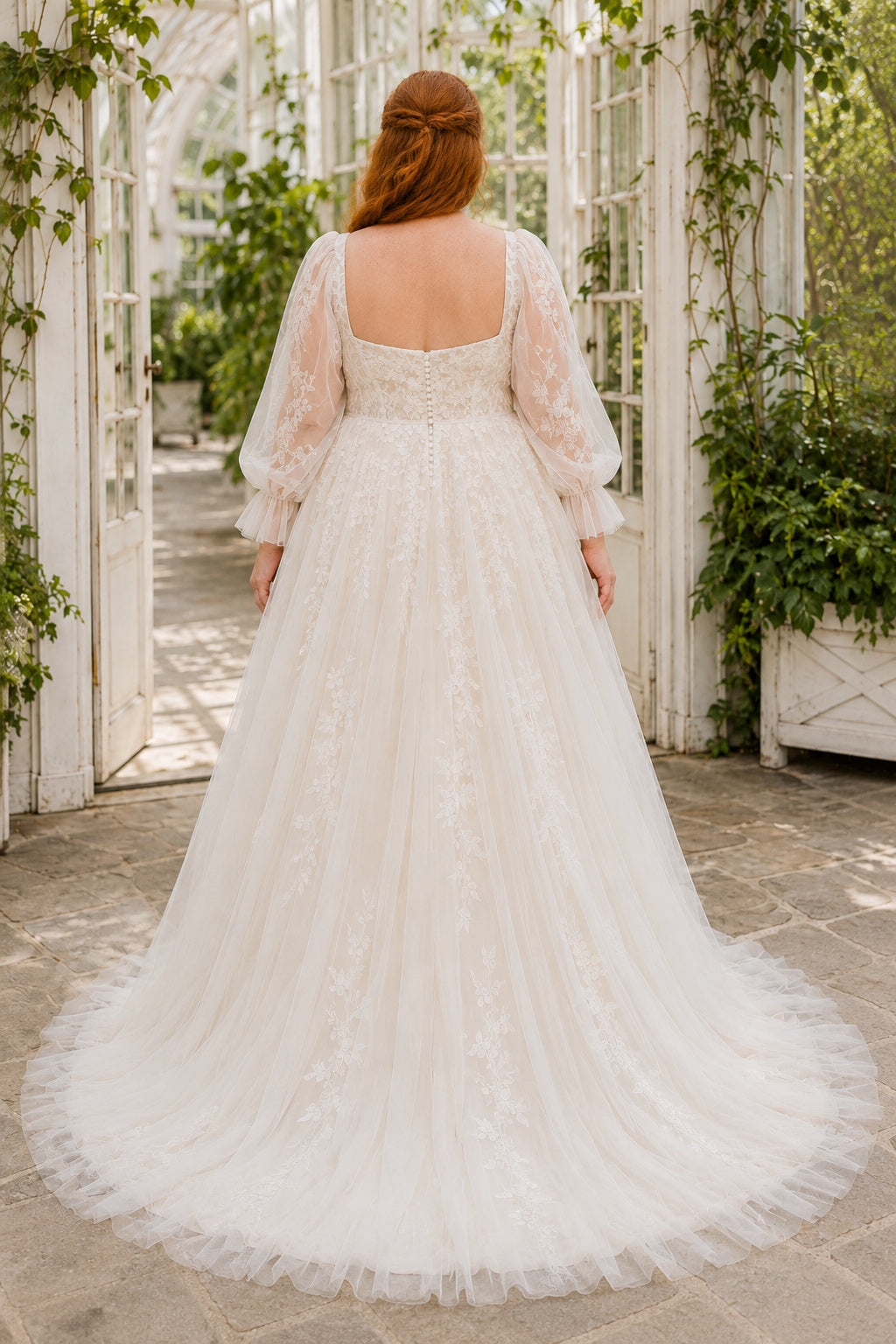 Ivory Plus Size Square Neck Lace A-Line Wedding Dress with Sheer Long Sleeves and Train back view