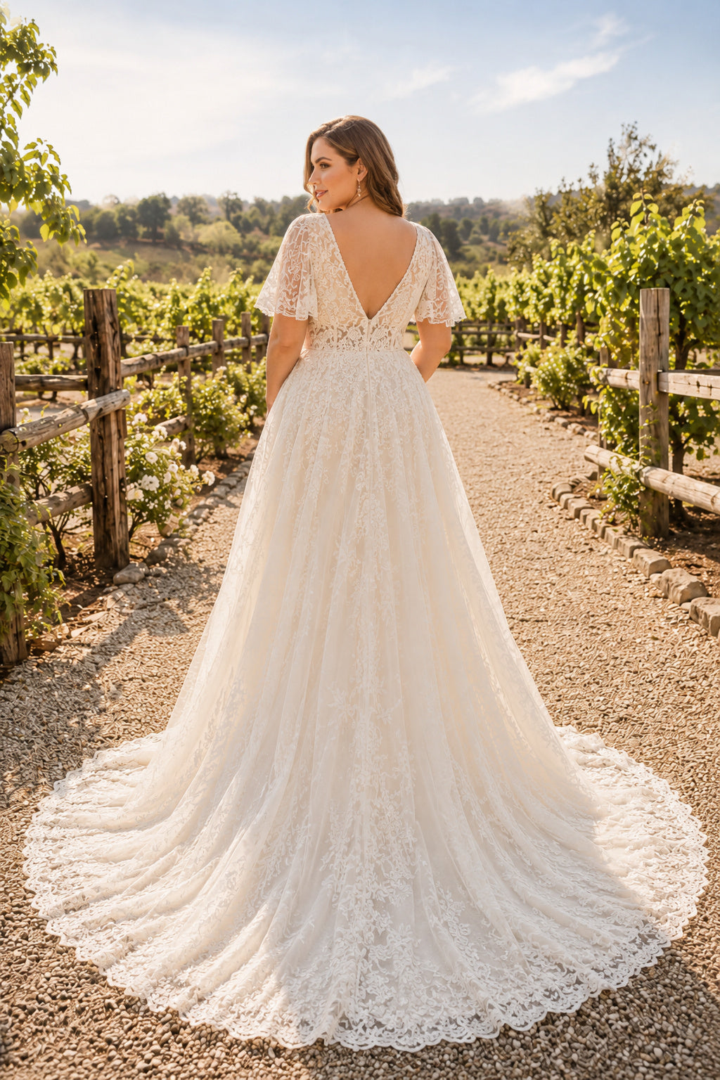 Ivory Plus Size V-Neck Lace A-Line Wedding Dress with Flutter Sleeves and Scalloped Train Style MG_700555 back view