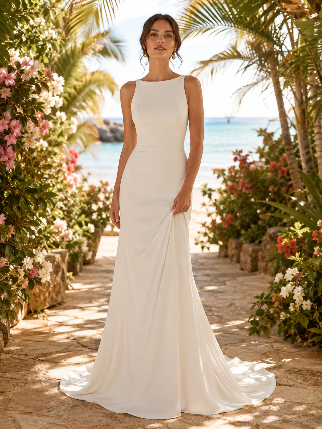 Minimalist High Neck Keyhole Back Tropical Wedding Dress front view