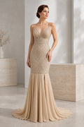 Champagne Sweetheart Mermaid Jersey Floor-length Wedding Dress With Pleats and Open Back