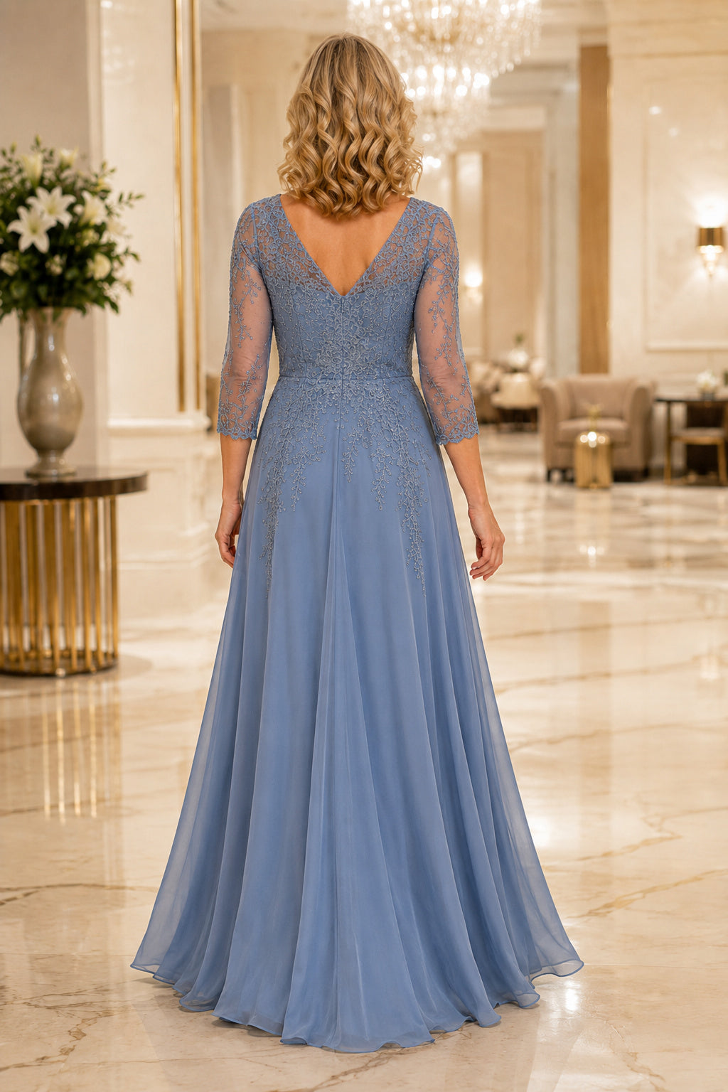 Steel Blue V-Neck Lace Illusion A-Line Mother Dress with Three-Quarter Sleeves back view