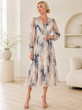Blue Ink Wash Long Sleeve Wrap Chiffon Midi Guest Dress front view