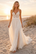 Ivory Spaghetti V-Neck Chiffon Lace A-Line Wedding Dress Split Train for Bridal Ceremony and Reception front view