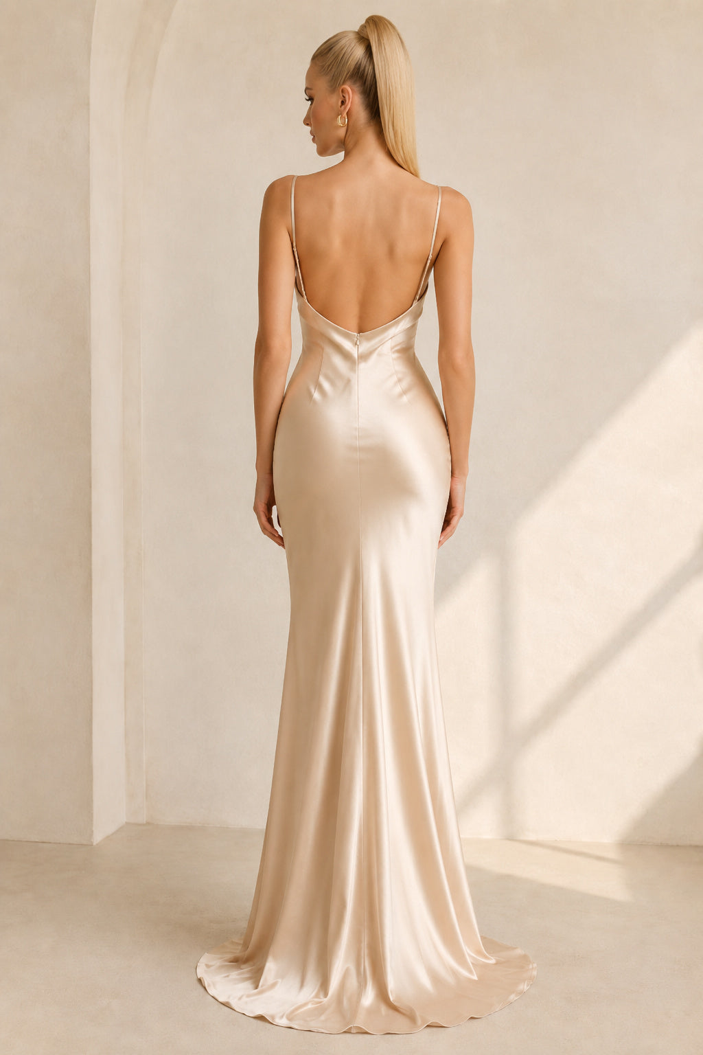 Champagne Cowl Neck Stretch Satin Sheath Bridesmaid Dress with Low Back and Sweep Hem back view
