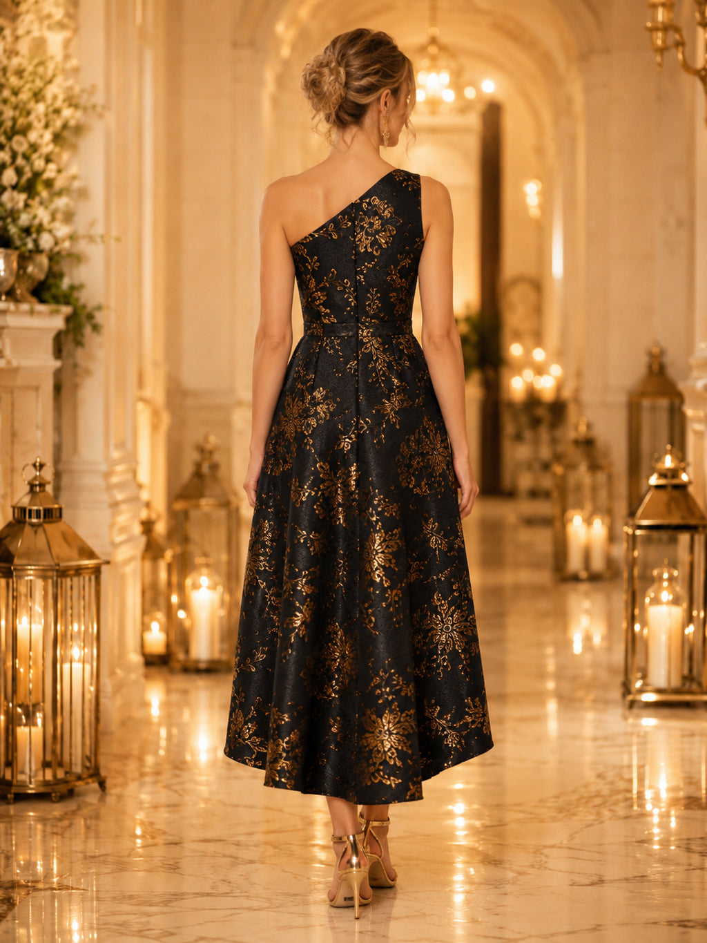 Black Gold One Shoulder Brocade High Low Guest Dress back view
