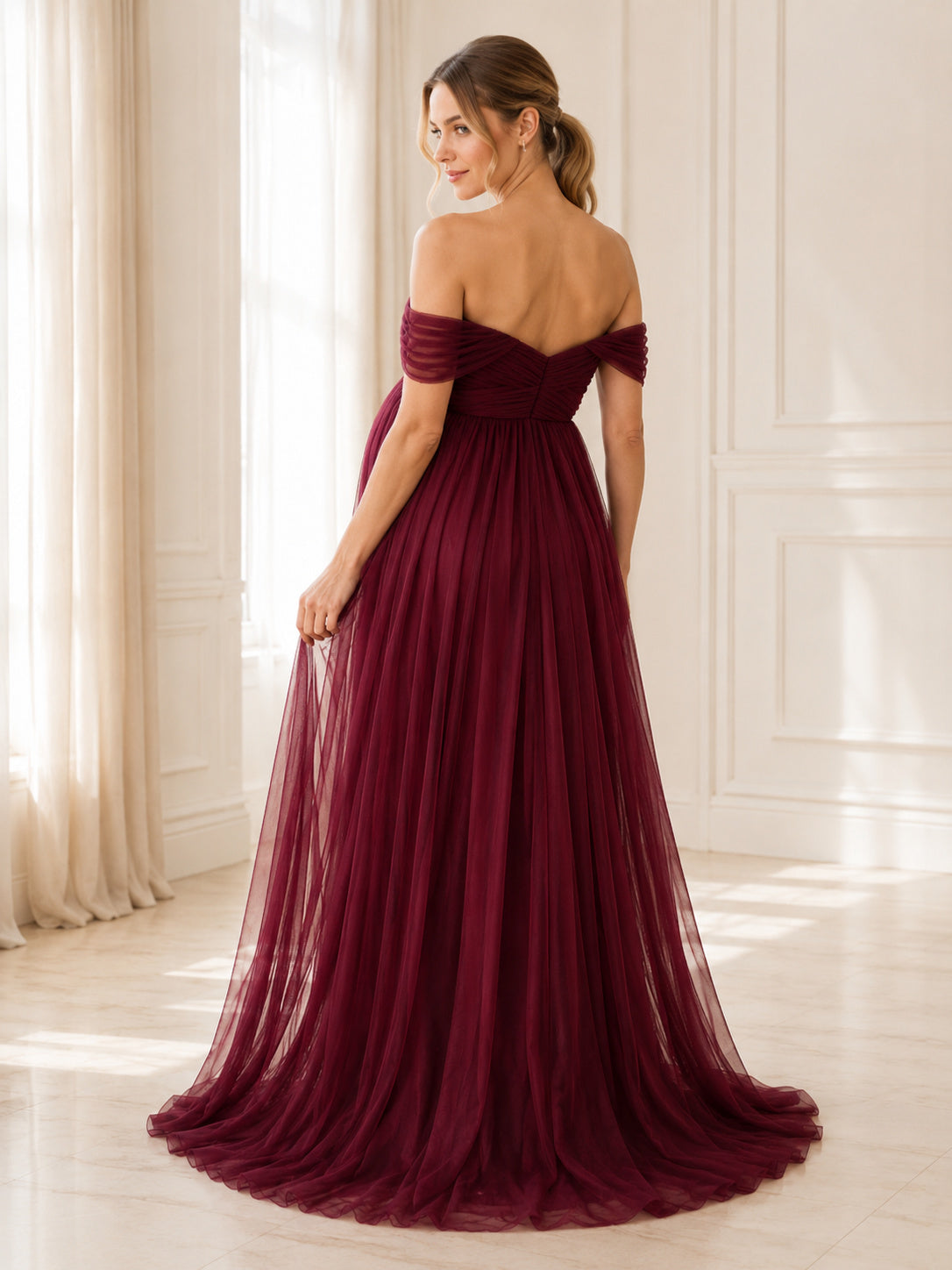 Burgundy Maternity Off-Shoulder Empire Tulle A-Line Sweep Train Evening Dress back view