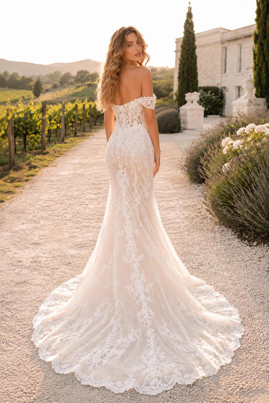 Ivory Sexy Off-the-Shoulder Mermaid Allover Lace Wedding Dress with Cap Lace Sleeves and Sweep Train back view
