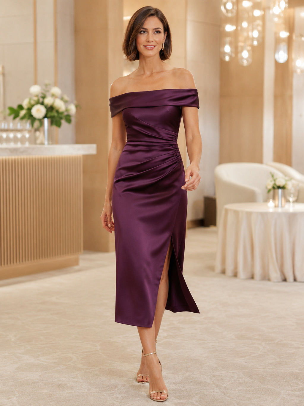 Plum Off Shoulder Draped Satin Slit Annual Dinner Midi Dress front view