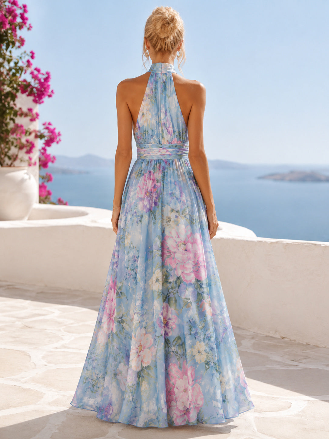 Blue Floral Halter Chiffon A-Line Maxi Resort Dress back view