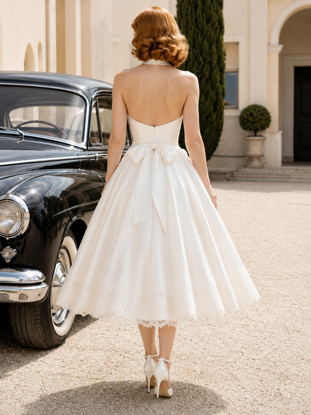 Retro Halter Bow Back Tea-Length A-Line Wedding Dress back view