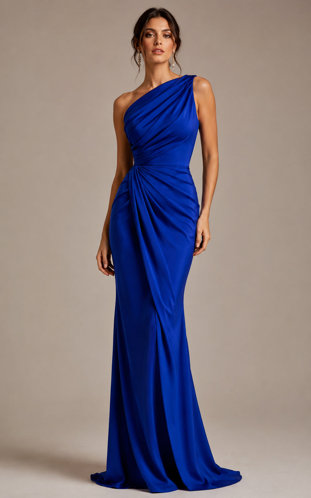 Royal Blue One Shoulder Evening Gown with Elegant Draping Mermaid Dress front view