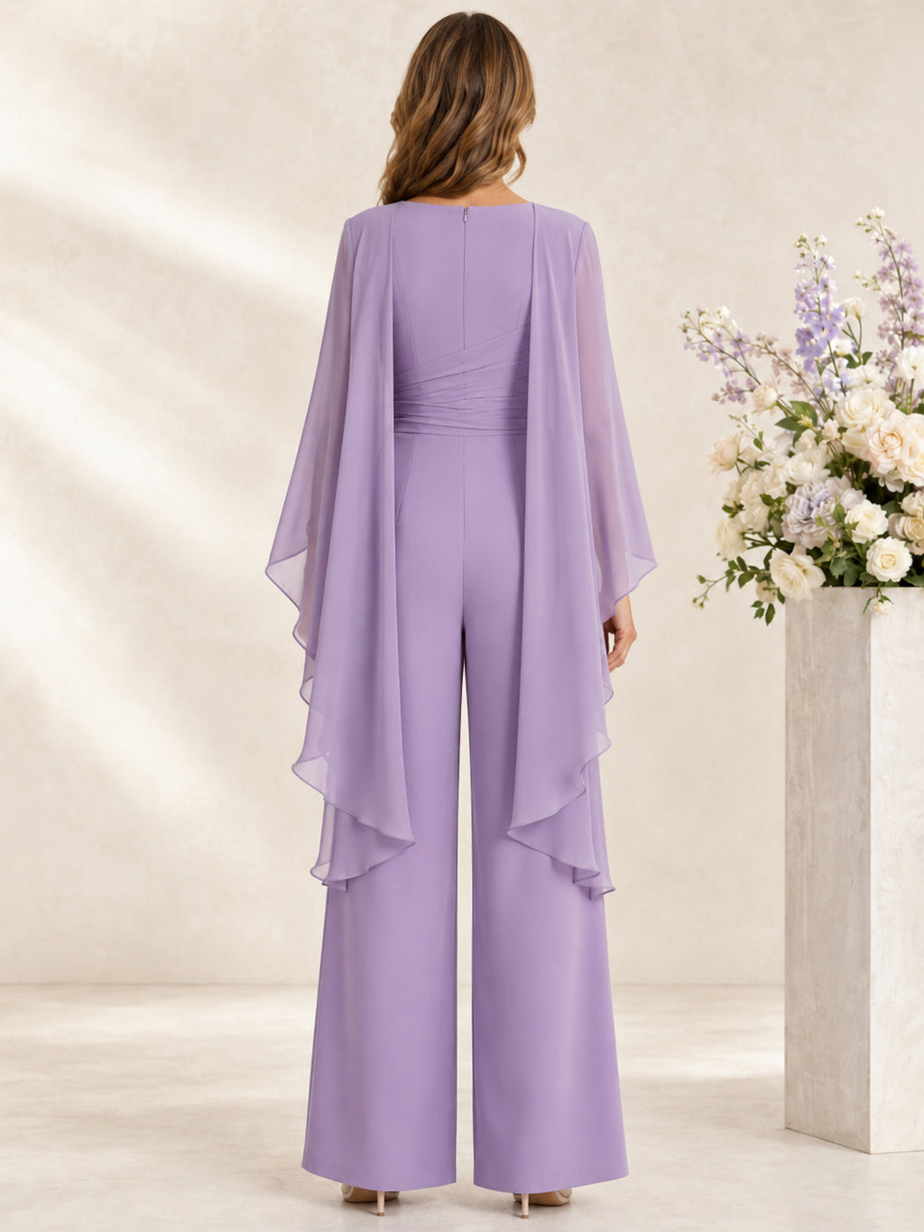 Lavender Mother Jumpsuit with Jewel Neck Ruched Bodice Cape and Wide Leg Pants back view