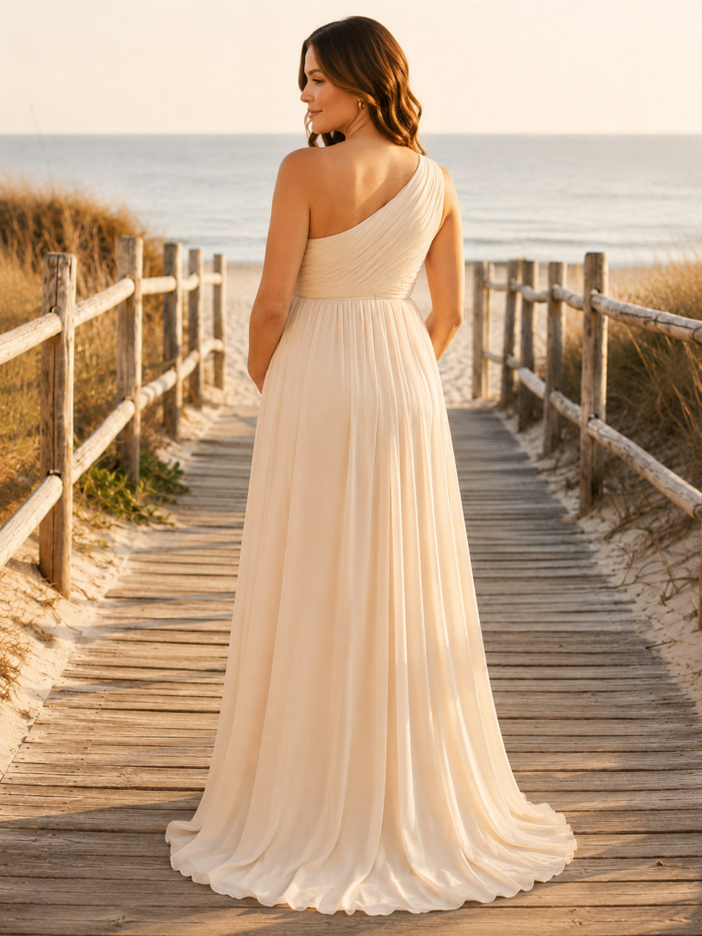 Maternity Beach Elopement One-Shoulder Sleeveless Chiffon Empire A-Line Sweep Wedding Gown back view