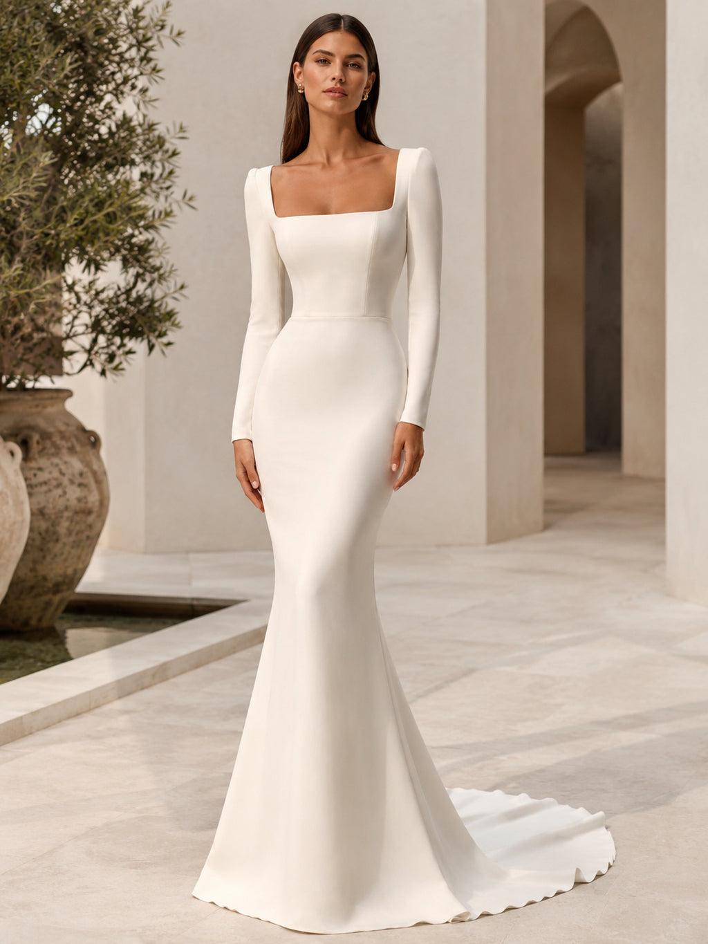 Square Neck Long Sleeve Satin Sheath Bridal Gown front view