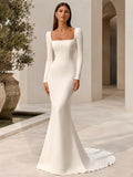 Square Neck Long Sleeve Satin Sheath Bridal Gown front view