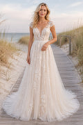Blushing Pink Cap Sleeve V-Neck A-Line Beach Wedding Dress with Lace Appliques front view