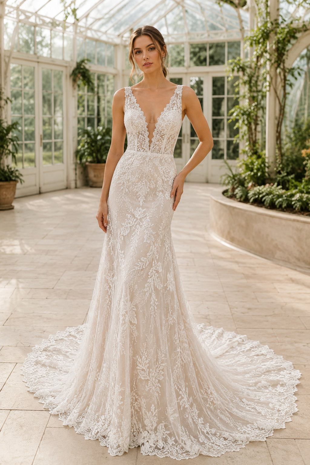 Ivory Plunging V-Neck Mermaid Lace Wedding Dress with Spaghetti Straps and Train front view