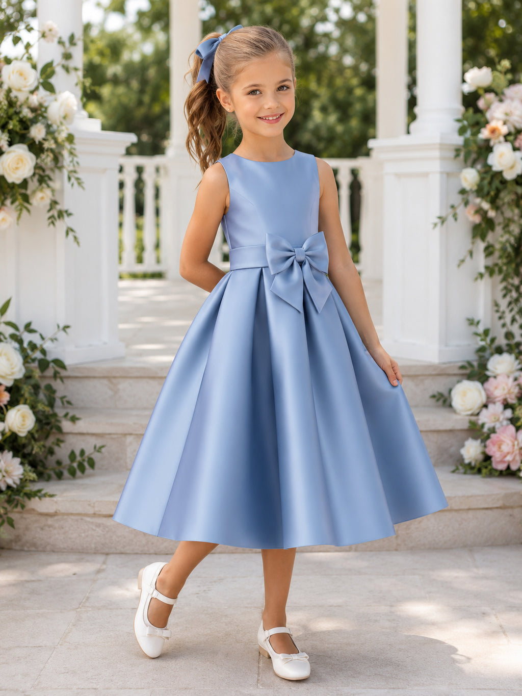Simple Tea-Length A-Line Garden Flower Girl Steel Blue Satin Back Bow Square Neck Dress front view
