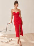 Red strapless sweetheart fitted midi cocktail dress slit front view