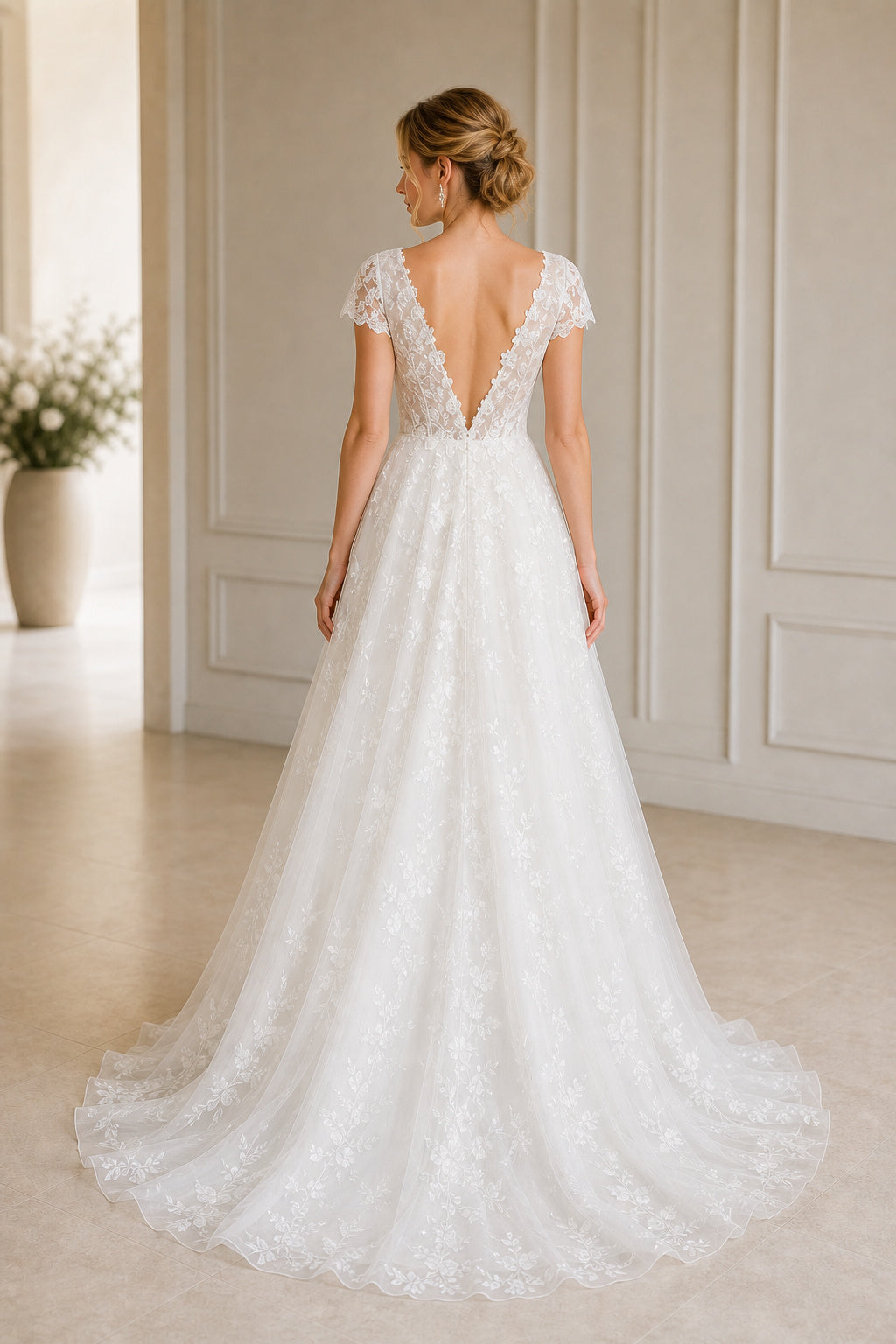 White Halter A-Line Crepe Floor-length Wedding Dress With Layered Skirt and Beaded Bodice and Open Back