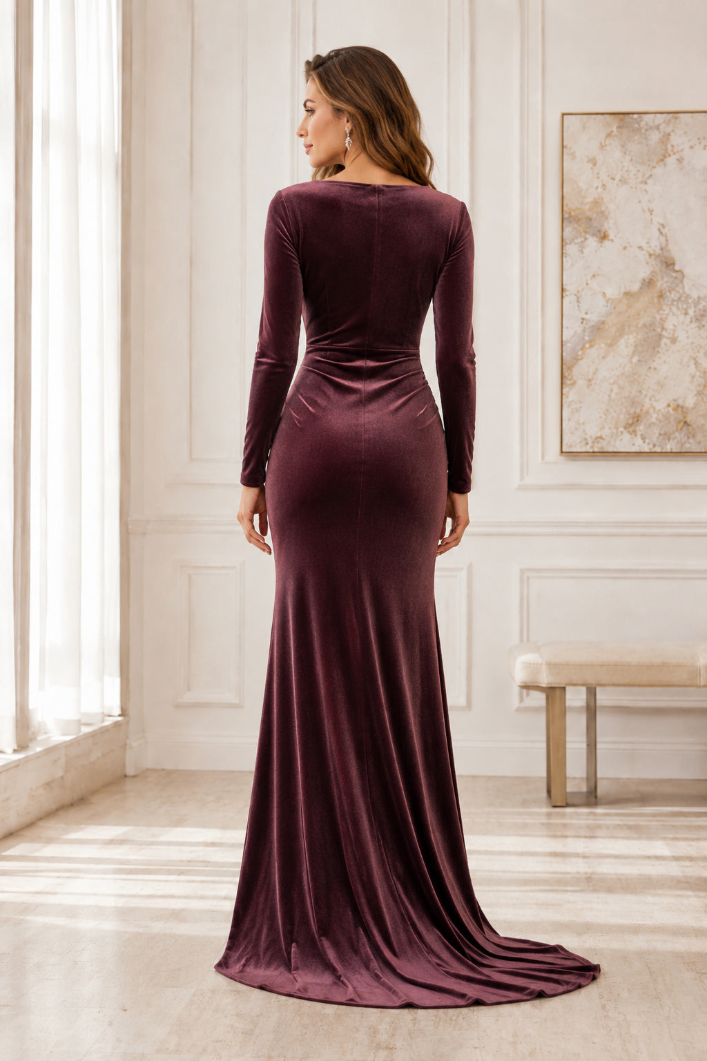 Mulberry Long Sleeve Velvet Sheath Dress with Bateau Neck and Train back view