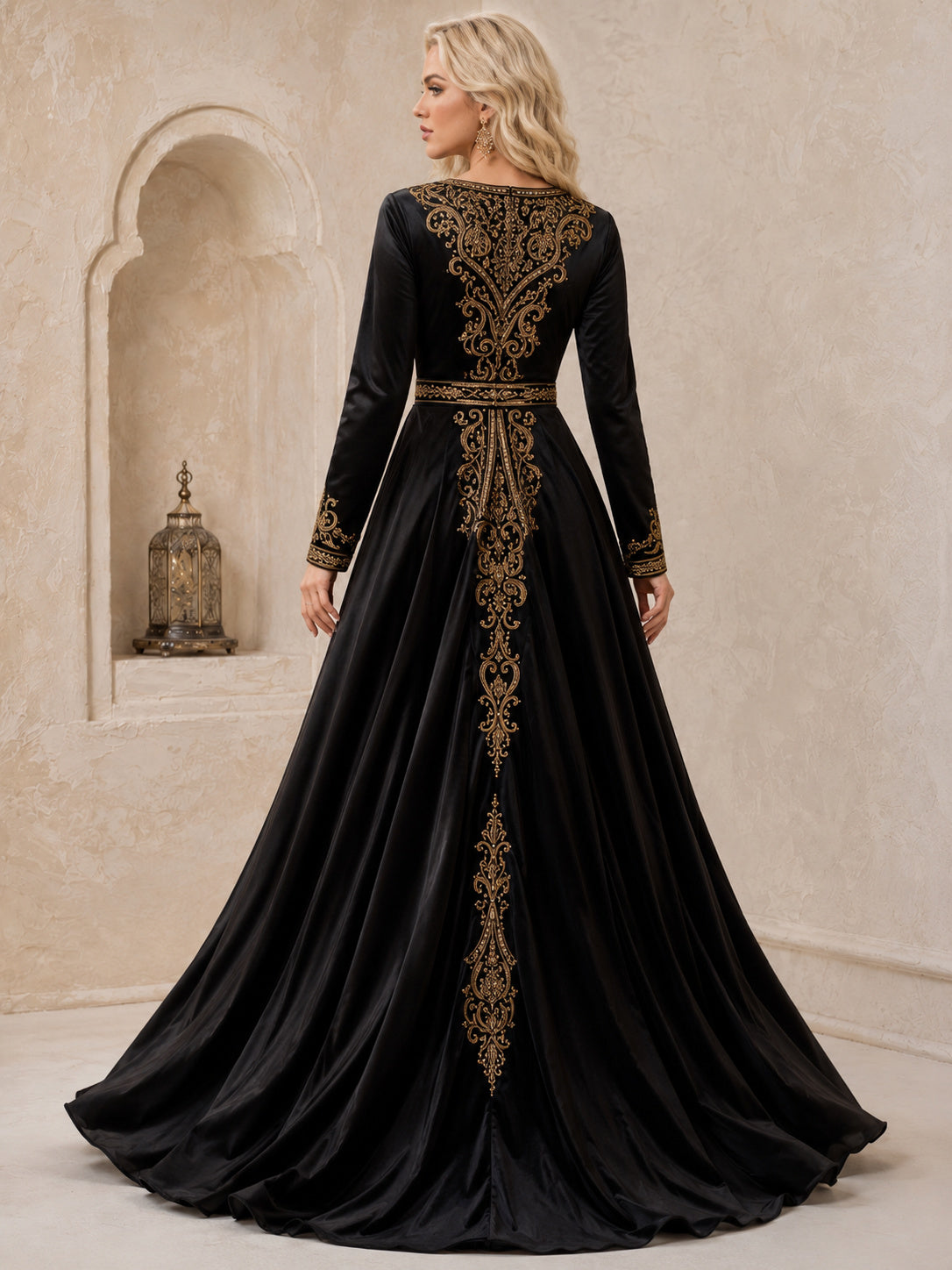 Modest Black Scoop Neck Long Sleeve Gold Embroidered Satin A-Line Floor Length Evening Dress back view