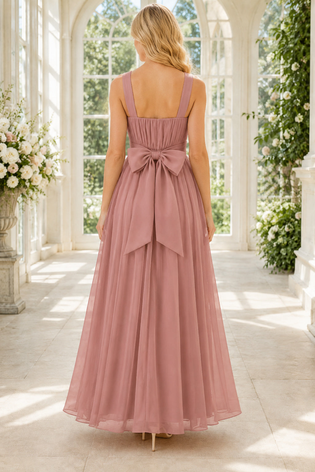 Dusty Rose Spaghetti Strap Bow Sash Chiffon Dress Floor Length A-Line Bridesmaid Dress back view