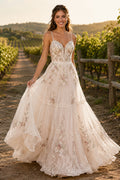 Blushing Pink Spaghetti Strap A-Line Wedding Dress with Floral Appliques and Tiered Skirt front view