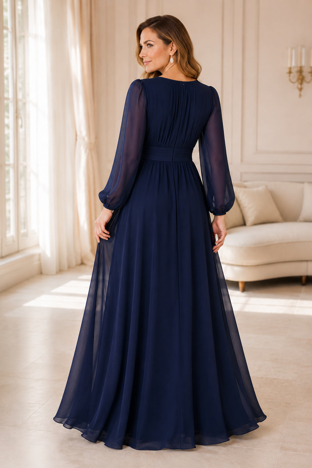 Dark Navy V-Neck Chiffon A-Line Mother Dress with Poet Sleeves back view