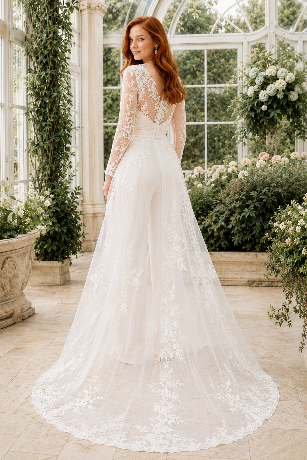 White Long Sleeve Lace Bridal Jumpsuit with Overskirt Train back view