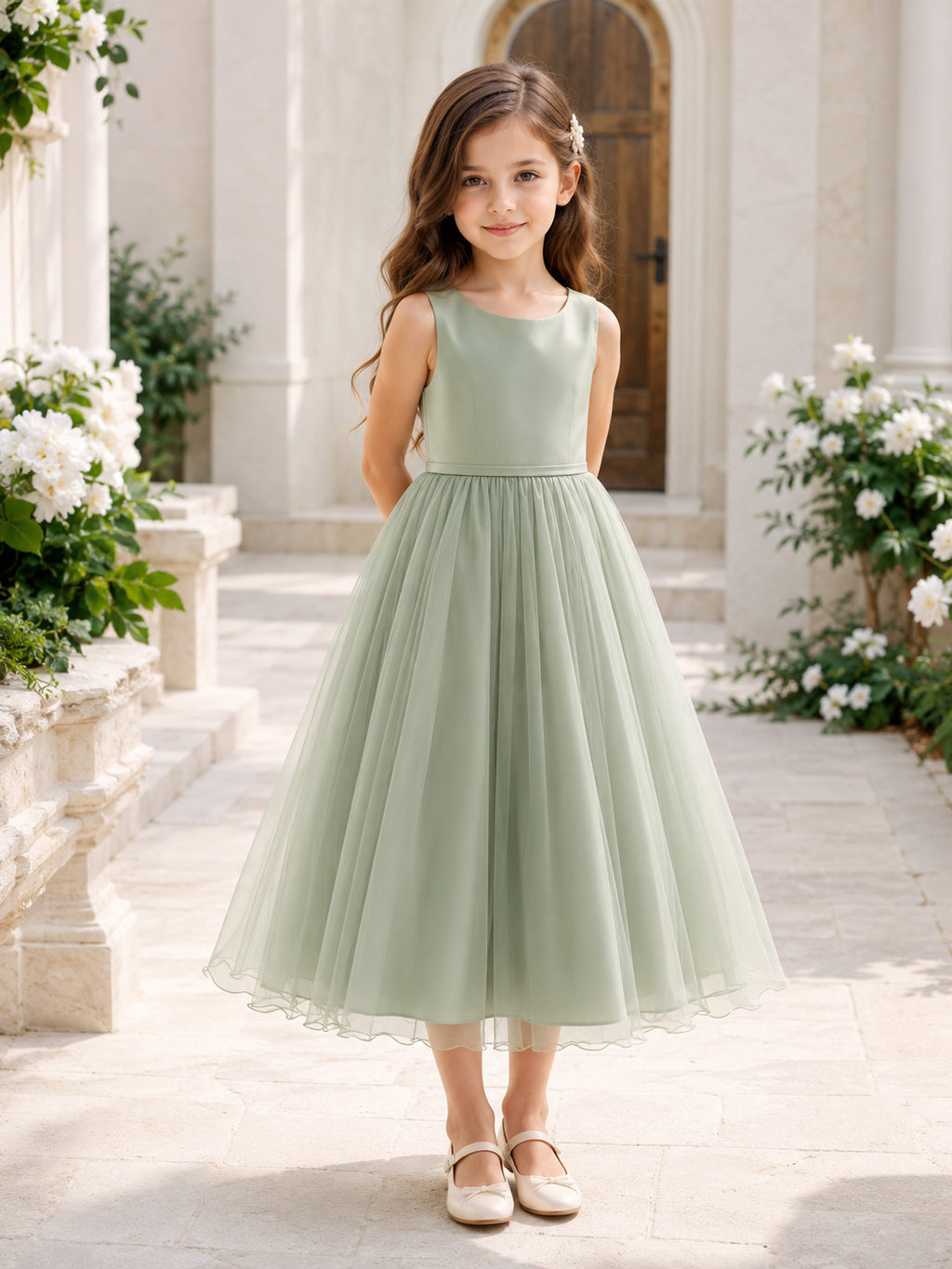 Sage Tulle A-Line Flower Girl Dress Sleeveless Jewel Neck Tea Length Bow Detail front view
