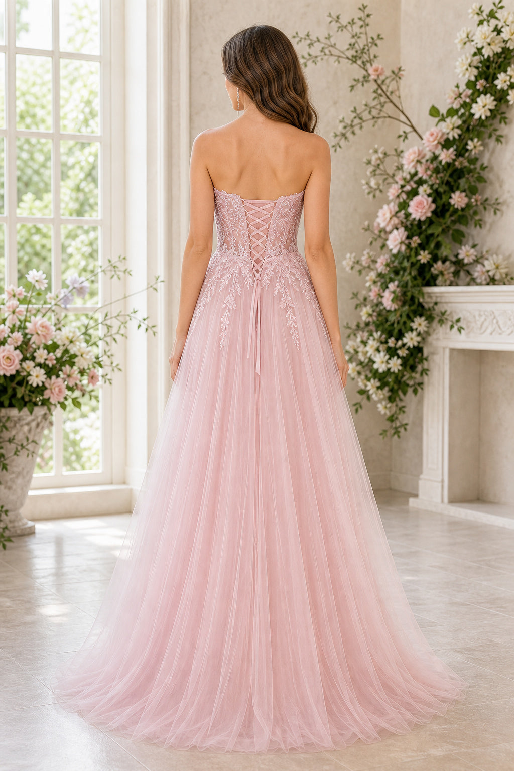 Blush Strapless Sweetheart A-Line Tulle Floor-Length Dress With Lace Bodice