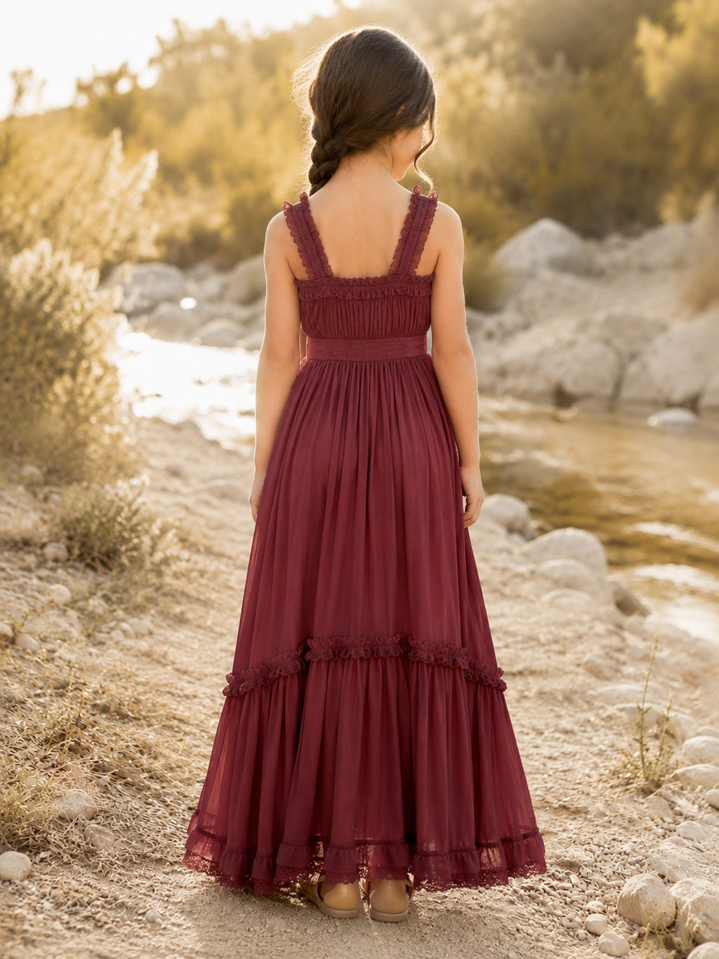 Burgundy Chiffon A-Line Flower Girl Dress with Sleeveless, Square Neck, Floor-Length Skirt, Ruffle Detail back view
