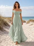 Mint off shoulder chiffon A-line beach maxi dress front view