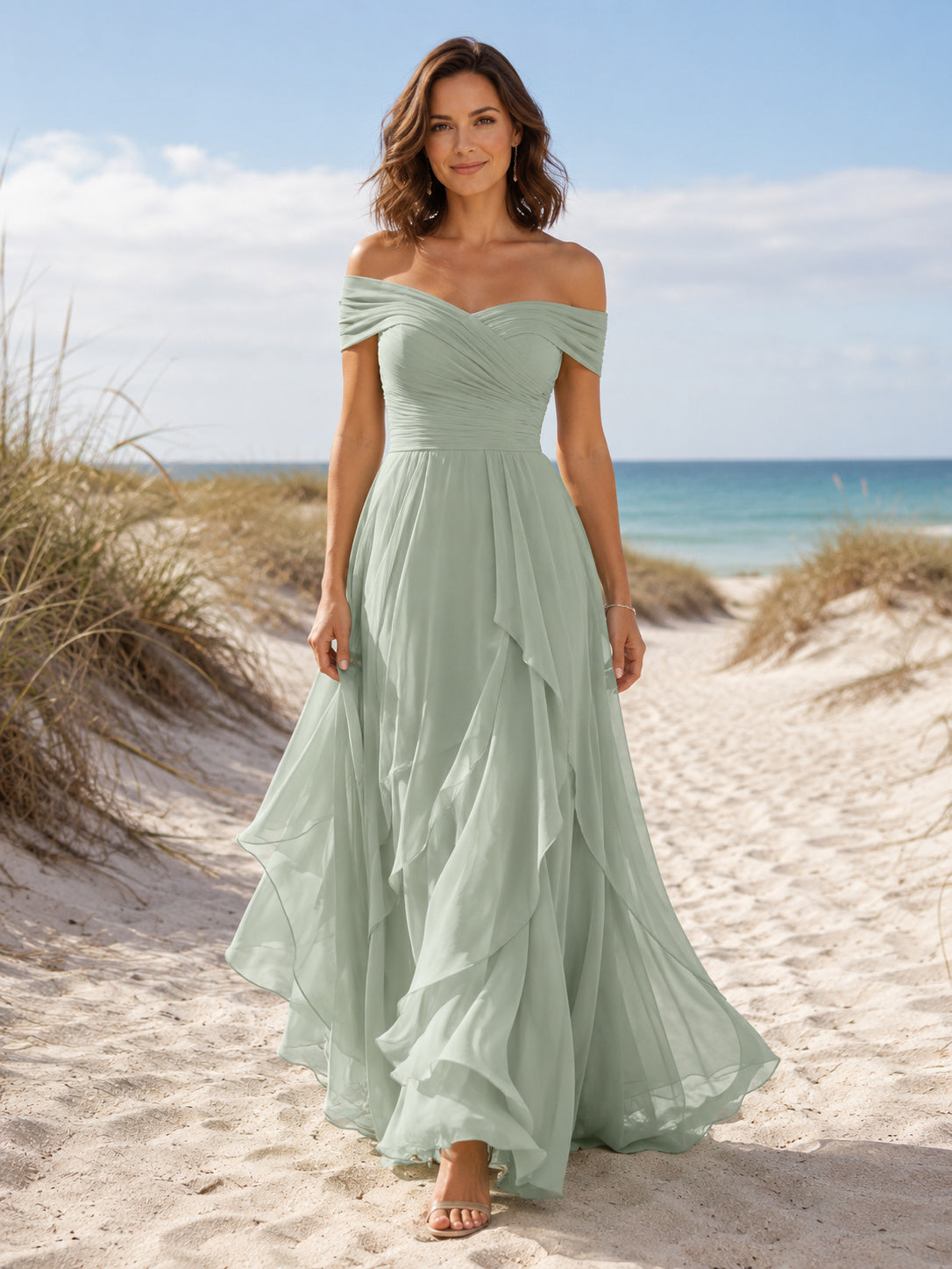 Mint off shoulder chiffon A-line beach maxi dress front view