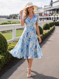 Blue Floral Short Sleeve V Neck Race Day Midi Dress front view