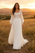 Ivory Simple Square Neck A-Line Chiffon Tulle Wedding Dress with Long Poet Sleeves and Sweep Train front view