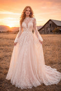 Blushing Pink Long Sleeve A-Line Wedding Dress with Lace Appliques and Chapel Train front view