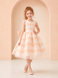 Papaya Striped Organza A-Line Flower Girl Dress, Sleeveless Square Neck, Oversized Bow, Tea-Length Reception front view