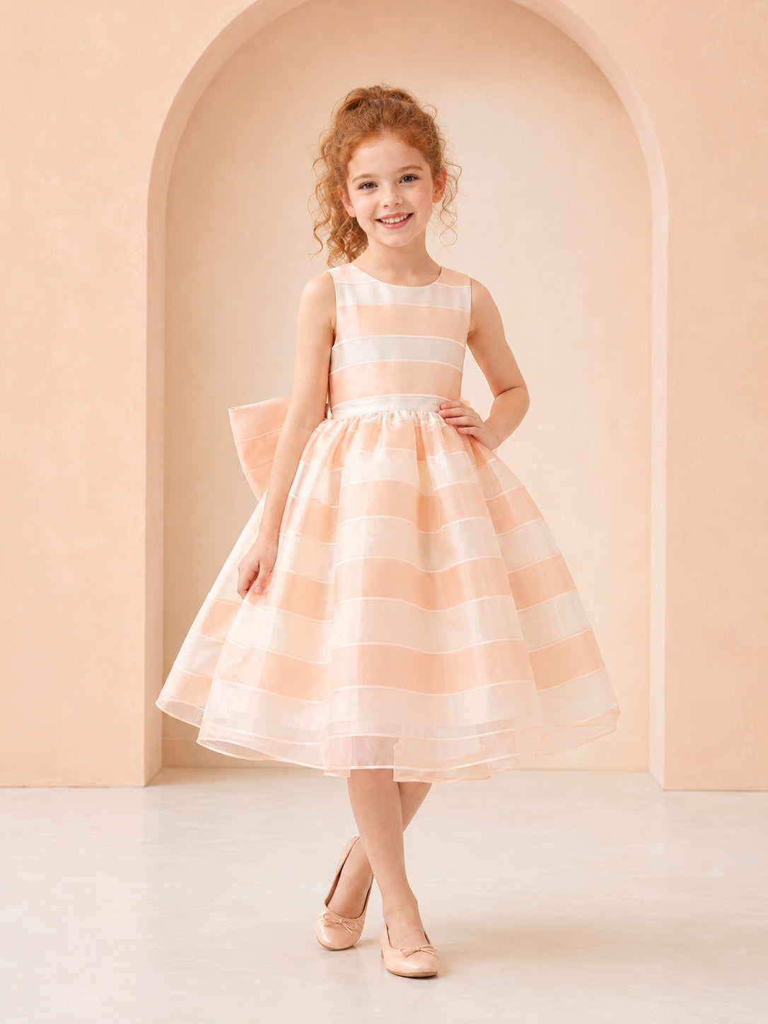 Papaya Striped Organza A-Line Flower Girl Dress, Sleeveless Square Neck, Oversized Bow, Tea-Length Reception front view