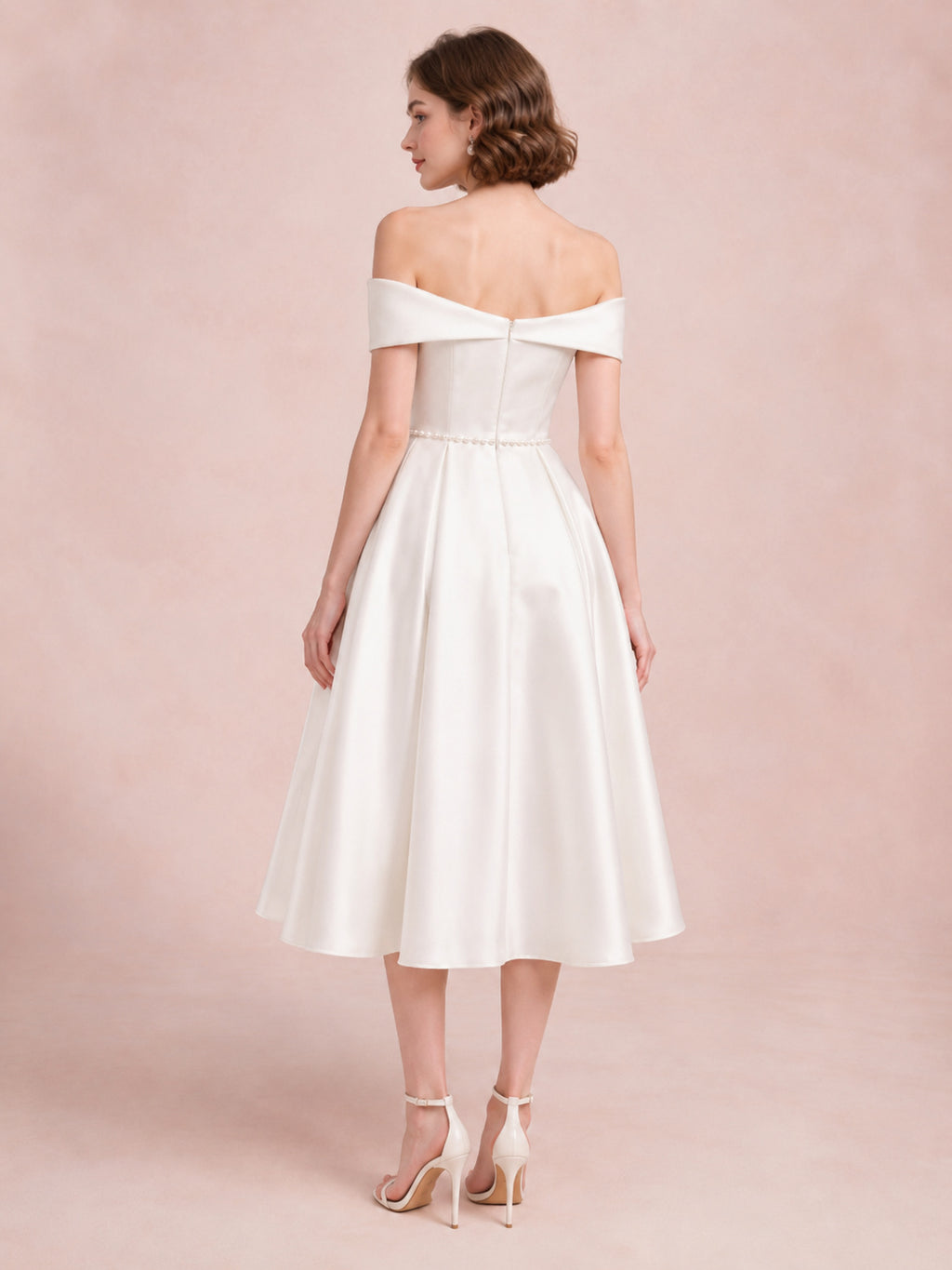 Pearl White Off Shoulder Satin Tea Length Coming Of Age Dress back view