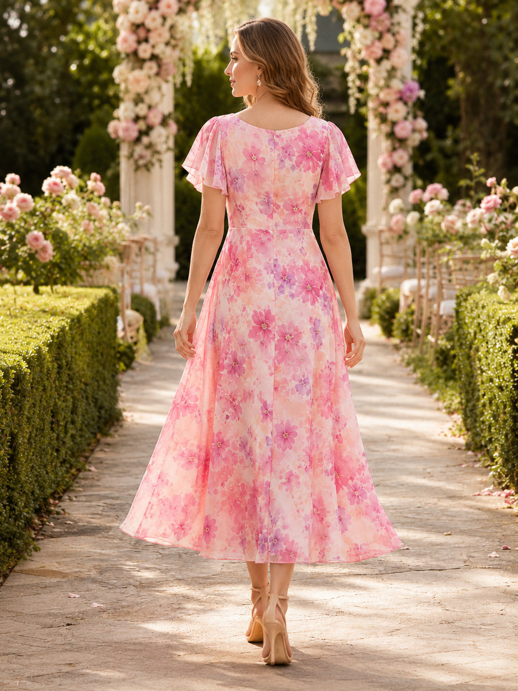 Blushing Pink Floral Square Neck Chiffon Midi Guest Dress back view